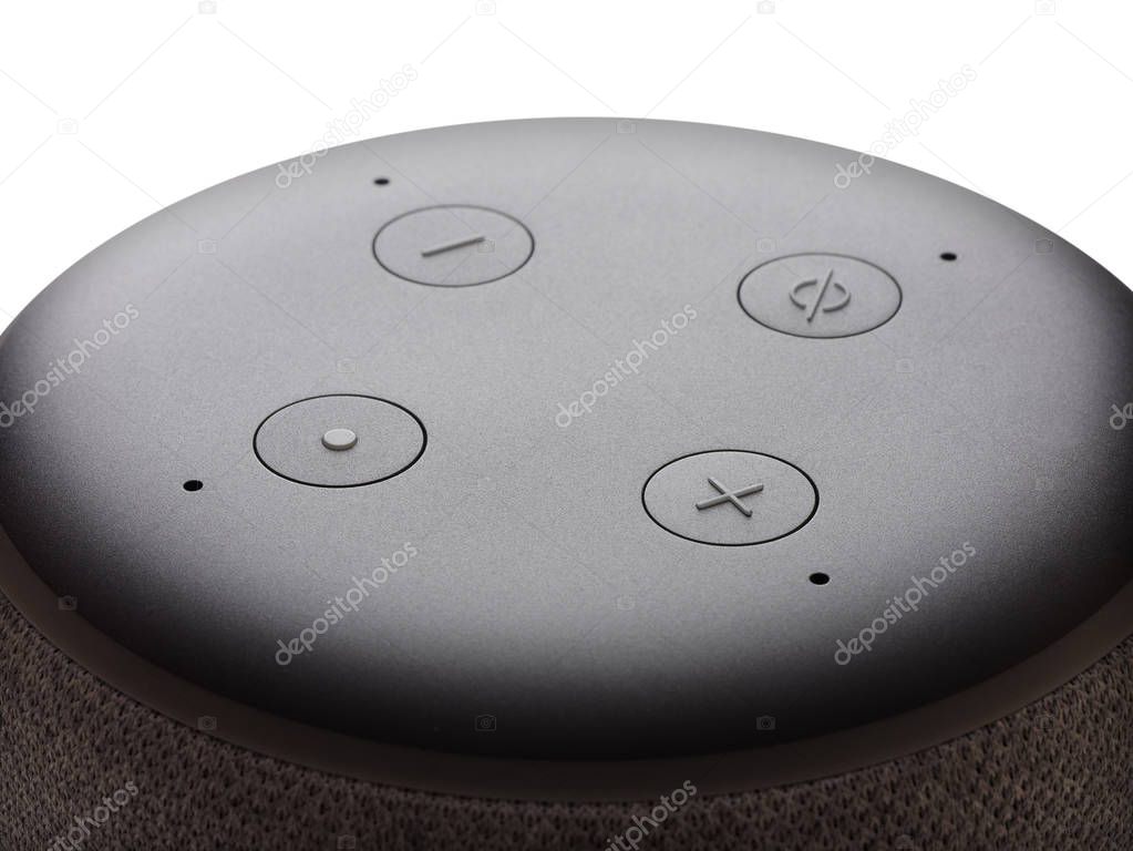 Smart speaker closeup roating 360 degrees looping on white background 4k