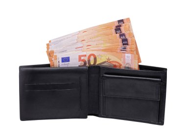 beyaz izole 50 euro banknotlar para dolu açık cüzdan