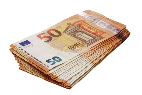 50-Euro-Scheine isoliert auf weißem Sichtfeld gestapelt — Stockfoto