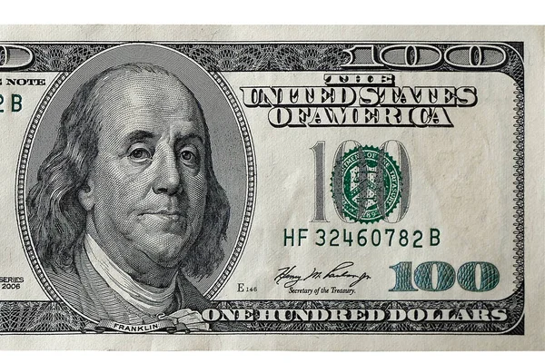 100 Dolarů Bankovka Zblízka Bílém Pozadí — Stock fotografie