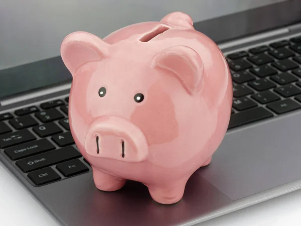 Piggy Bank on Laptop Computer Keyboard