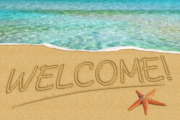 Welcome Text Inscription Sand Shore Tropical Clear Sea — Stock Photo, Image