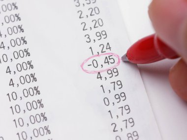 Yakın çekim kontrol faturası. Kırmızı kalem alımı negatif sayıyı çevreledi.