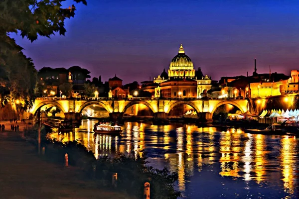 Rome Painting Canvas Illustration Rome Twilight View Peter Dome Tiber — стокове фото