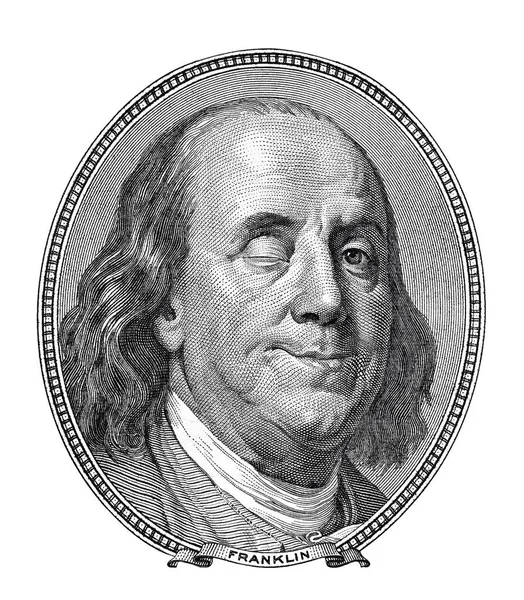 Benjamin Franklin Piscando Sorrindo Para Você Isolado Branco — Fotografia de Stock