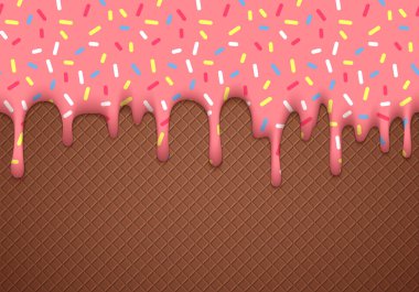 Pembe sır ve çikolatalı gofret doku damlama ile dondurma koni vektör çizim. Soyut gıda arka plan