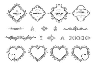 Dekoratif Çerçeveler ve Süs Elemanları Seti. Vektör Ambalaj Etiketleri Tasarımı