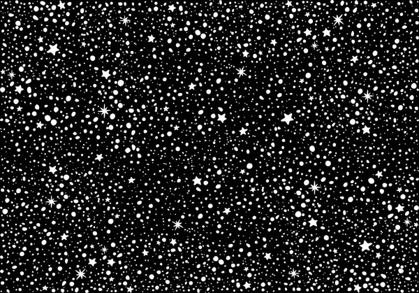 Black Night Sky com mão desenhada estrelas brancas e pontos. Padrão sem costura vetorial . — Vetor de Stock