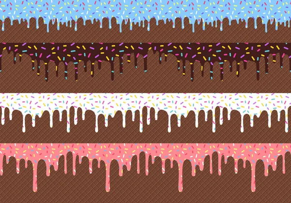 Flowing Glaze with Sprinkles on Wafer Background. Vector Seamless Borders Design — Stockový vektor