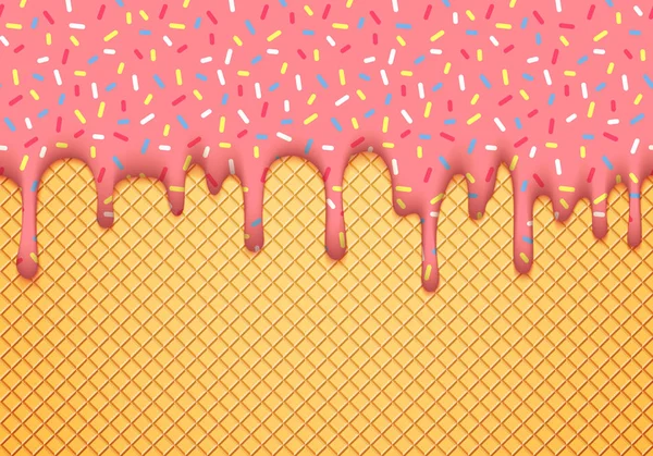 Ilustração do vetor do cone do gelado com gotejamento do vidro rosa e textura de Wafer. Abstrato Food Background Design . —  Vetores de Stock