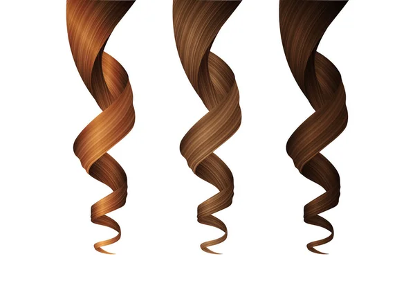 Uppsättning vågigt hår lockar i olika färger. Realistisk 3d vektorillustration. — Stock vektor