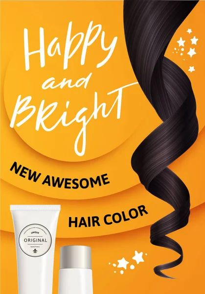 Ilustración vectorial de cabello rizado marrón realista y botella de plástico blanco para cosméticos sobre fondo amarillo — Vector de stock