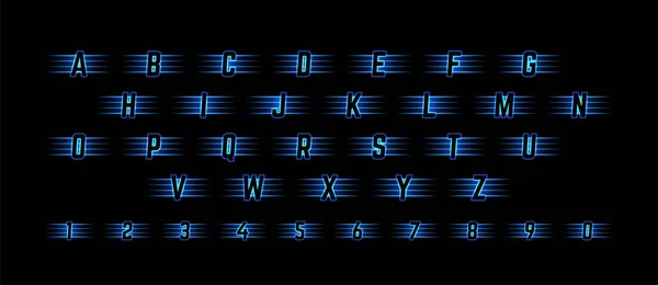 Μπλε φως νέον αλφάβητο με αριθμούς. Λαμπερά σύμβολα, λογότυπα, εικονίδια, ανταγωνισμός πανό και αφίσες. — Διανυσματικό Αρχείο