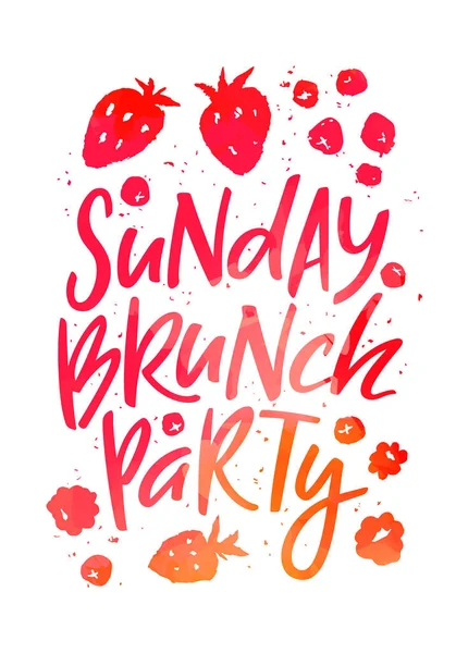 Creative Poster untuk Sunday Brunch Party. Hand Drawn Fruits and Berries in Isolated on White - Stok Vektor