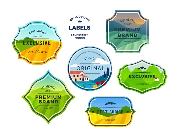 Set van Boerderijvelden landschappen in hipster labels met frames. Landelijke boerderij op grasses velden met bergen. — Stockvector