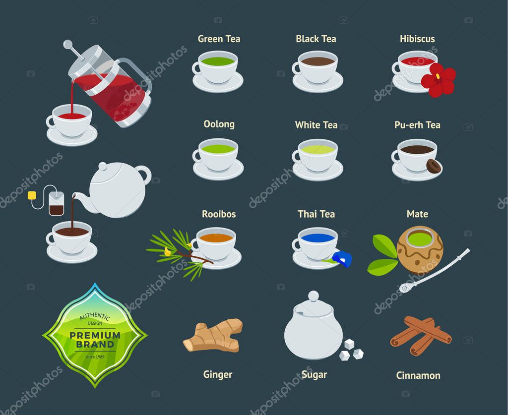 Vector Set of Illustrations of Different Varieties of Tea. Illustration of Tea Brewing in Flat Style. Design Concept for Menu, Web Sites and Packaging.