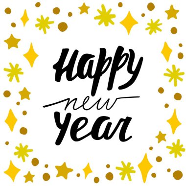 Yeni yıl tebrik şablonu. Vektör çizim teklif ve altın dekorasyon yazı el ile