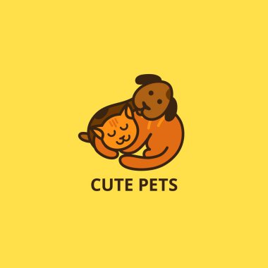 Sevimli çizgi kedi ve köpek Logo. Uykulu hayvanlar vektör simgesi. Küçük yavru köpek ve kedi yavrusu illüstrasyon uyku.