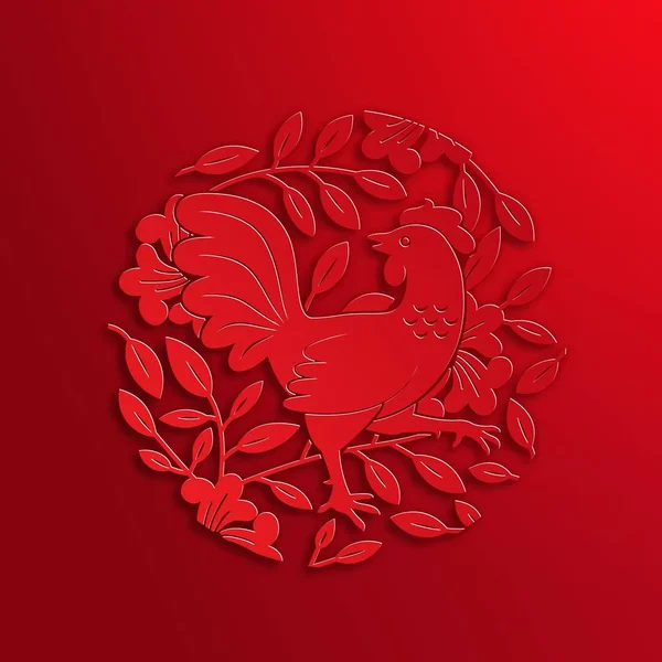 Vector Traditional Chinese Rooster Paper Cutting. 2017 New Year Decorative Symbol. Oriental Culture Holiday Illustration — Stock Vector