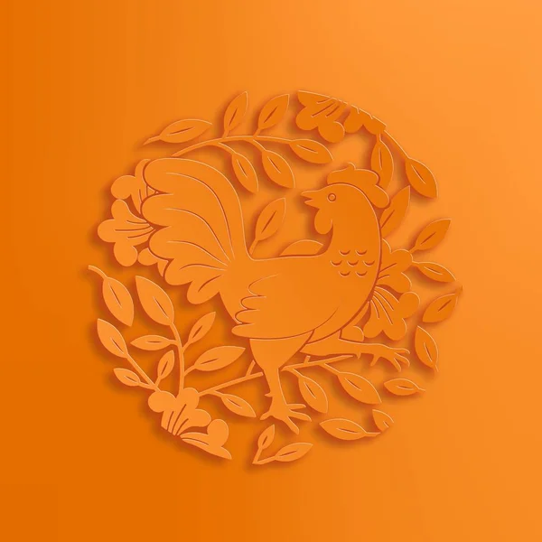 Çiçekler içinde horoz turuncu vektör Illustration. Renkli 3d tatil Poster — Stok Vektör