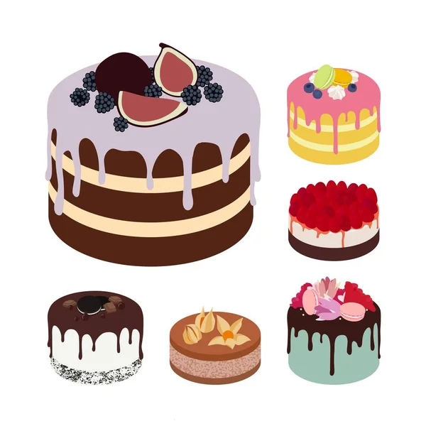 Conjunto de bolos saborosos vetoriais isolados em fundo branco. Ilustrações para Confeitaria, Café e Cartões . —  Vetores de Stock