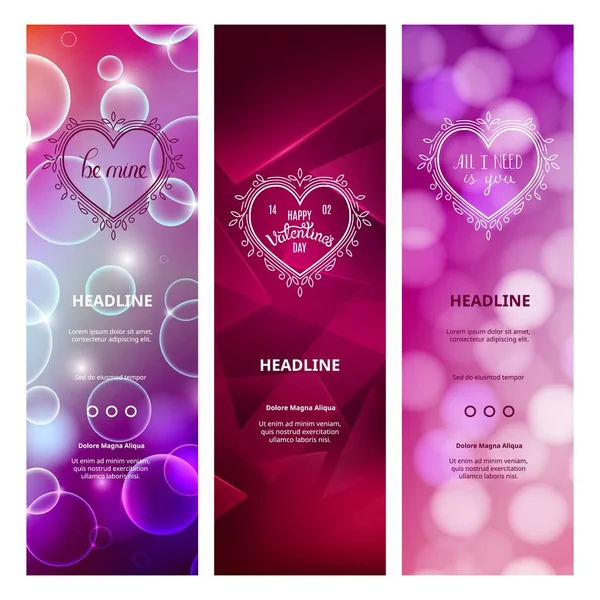 Beautiful Vertical Abstract Vector Ruby Backgrounds for Valentines Day. Web Banners with Lettering — Stock Vector