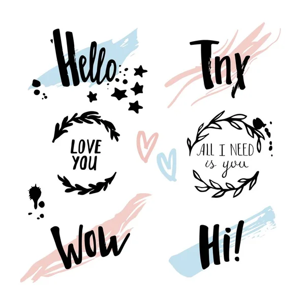 Beautiful Hand Drawn Set with Floral Frames, Grunge Textures and Lettering Texts. Vector Design Elements — Stock Vector