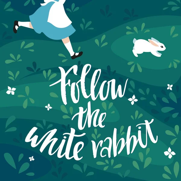 Beyaz tavşan vektör çizim izleyin. Kız tavşan sonra çalışır. Paskalya kartı, posterler ve afiş için yazdırma. — Stok Vektör