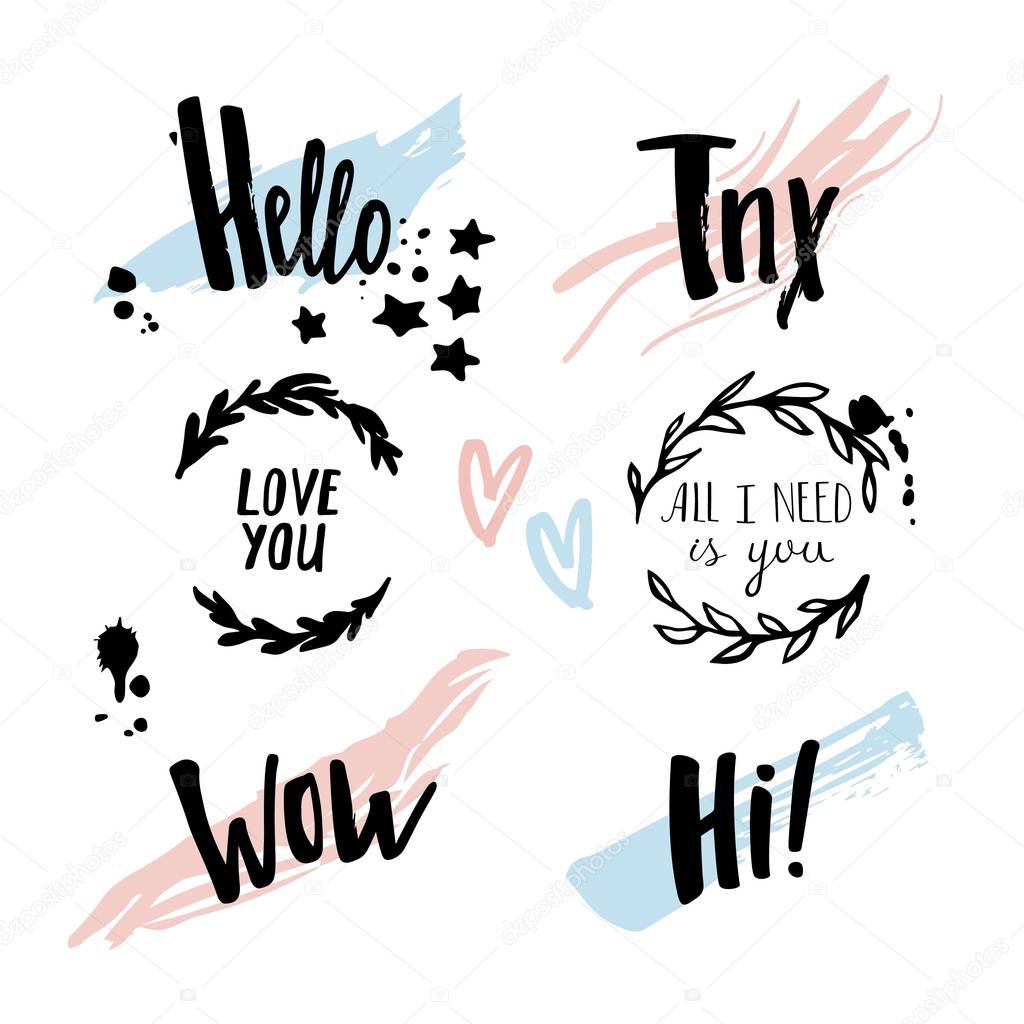 Beautiful Hand Drawn Set with Floral Frames, Grunge Textures and Lettering Texts. Vector Design Elements