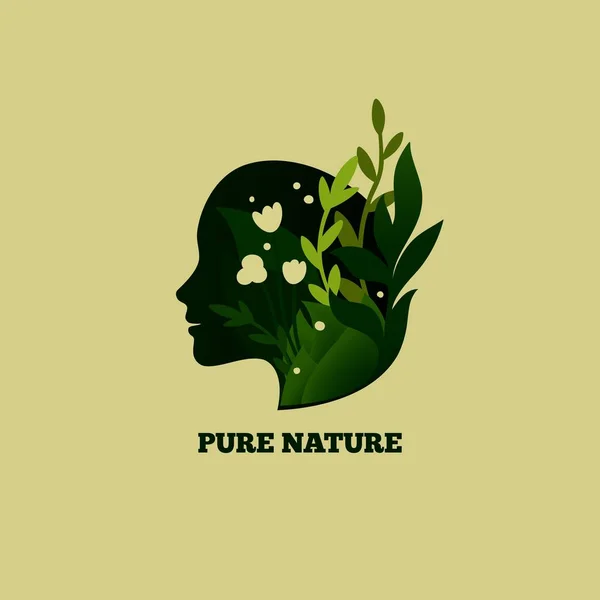 Hermoso perfil femenino con flores y hojas. Concepto de Naturaleza Pura. Símbolo vectorial para productos ecológicos — Vector de stock