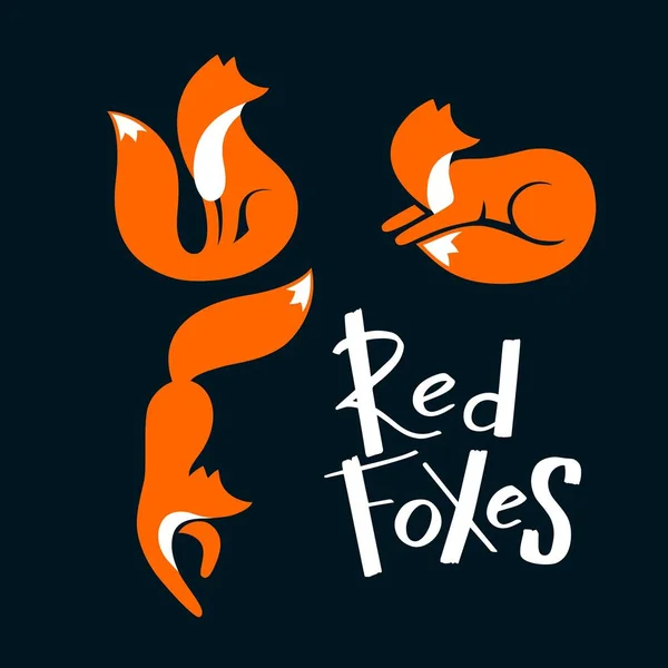 Conjunto de zorros rojos sentados y mirando hacia otro lado, mintiendo y caminando. Vector Wild Foxy Logo. Símbolo lacónico para iconos, logotipos — Archivo Imágenes Vectoriales