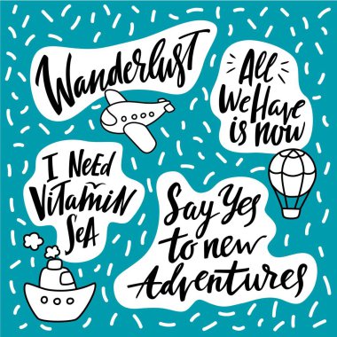 Seyahat Tema şirin Doodle resimler elle çizilmiş motivasyon tırnak. Vektör turizm kavramı