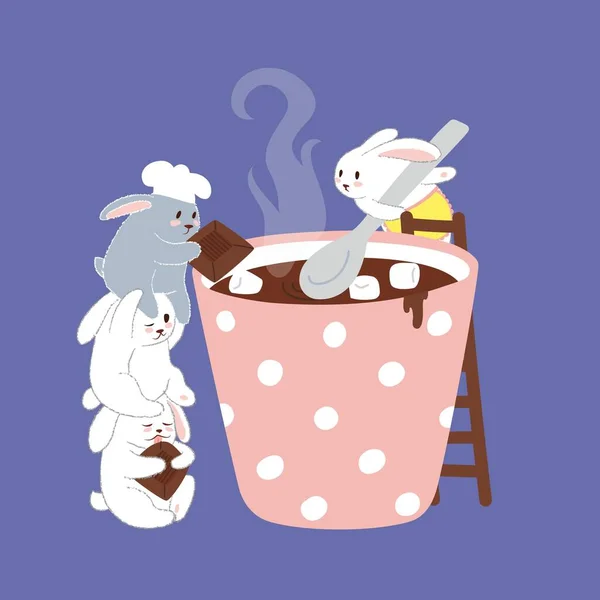 Quatro coelhos bonitos fazem chocolate quente com marshmallow. Ilustração vetorial — Vetor de Stock