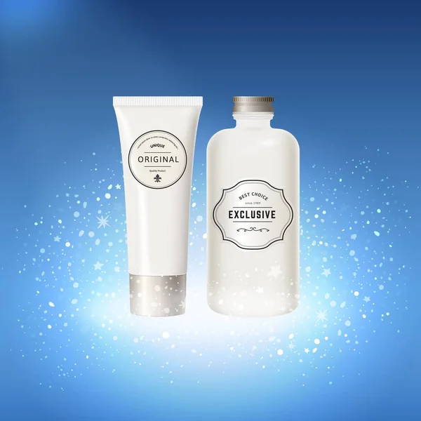 Botella blanca del vector para los anuncios del cuidado de la piel. Producto cosmético elegante con iluminación profesional y estrellas . — Vector de stock