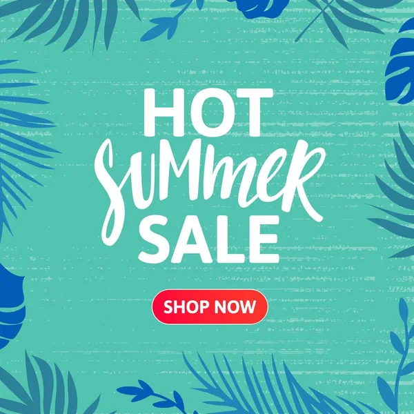 Summer Sale Banner Design. Hand Drawn Text on Blue Tropical Background. Vector Advertising Illustration — Stock Vector