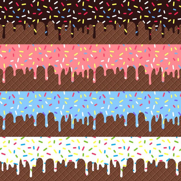 Vector Set of Flowing Glaze with Colorful Sprinkles on Chocolate Wafer Background. Seamless Borders Design.