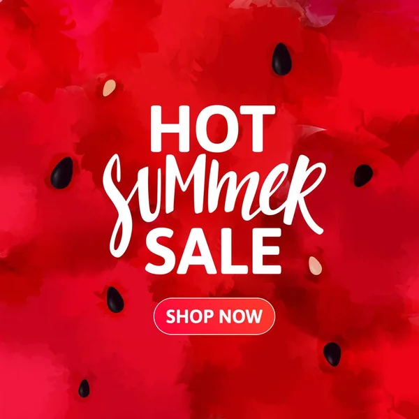 Hot Summer Sale Banner Design. Hand Drawn Text on Red Textured Watermelon Background. Vector Abstract Fruit Pattern. — Stock Vector