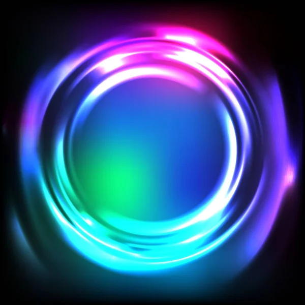 光沢のある抽象的なネオンの背景。ベクトル光る水リップル。暗闇の中でカラフルなサークルフレーム. — ストックベクタ