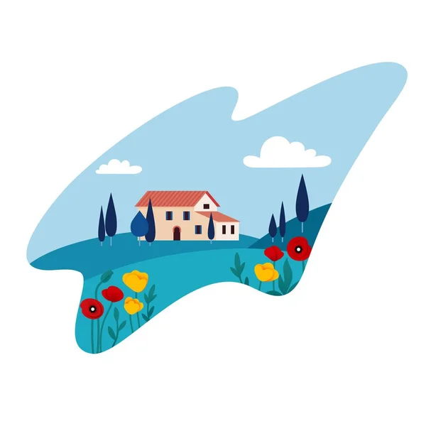 Champs de Toscane Paysages. Ferme rurale sur les champs gazonnés avec des fleurs et des arbres. Agriculture Illustrations — Image vectorielle