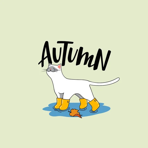 Aranyos fehér macska őszi kiegészítők. Vektor rajzfilmfigura a kézírásos betűkkel — Stock Vector