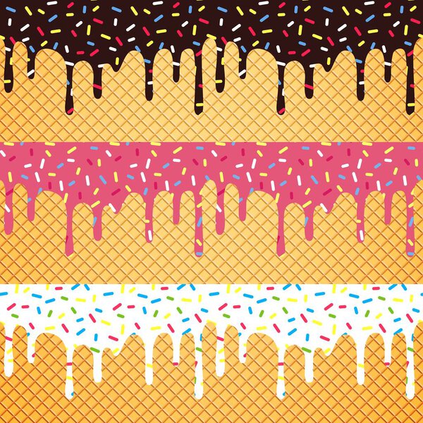 Vector Set of Flowing Glaze with Colorful Sprinkles on Wafer Background. Seamless Borders Design for Packaging
