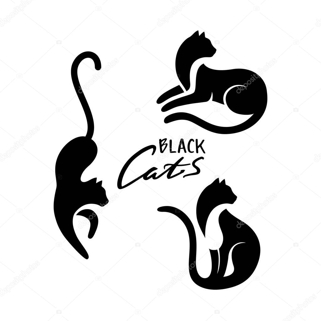 Set of Black Cats Sitting and Looking Away, Lying and Walking. Vector Logo with Negative Space.