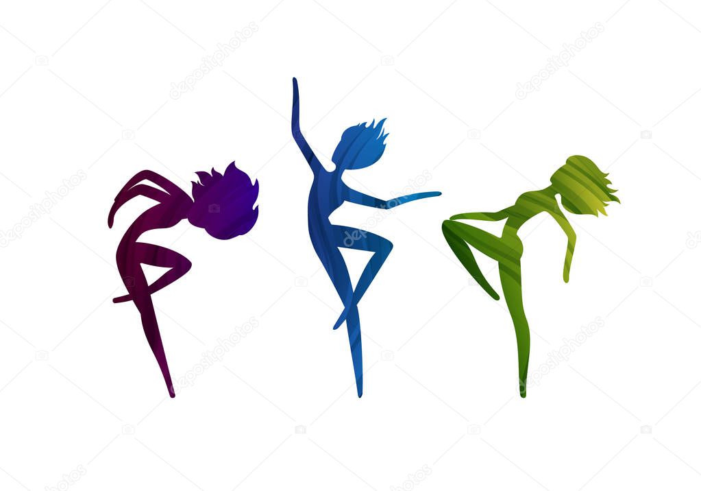 Three Dancing Girls in Vector. Colored Feminine Silhouette. Dance Studio Logo Design Concept.