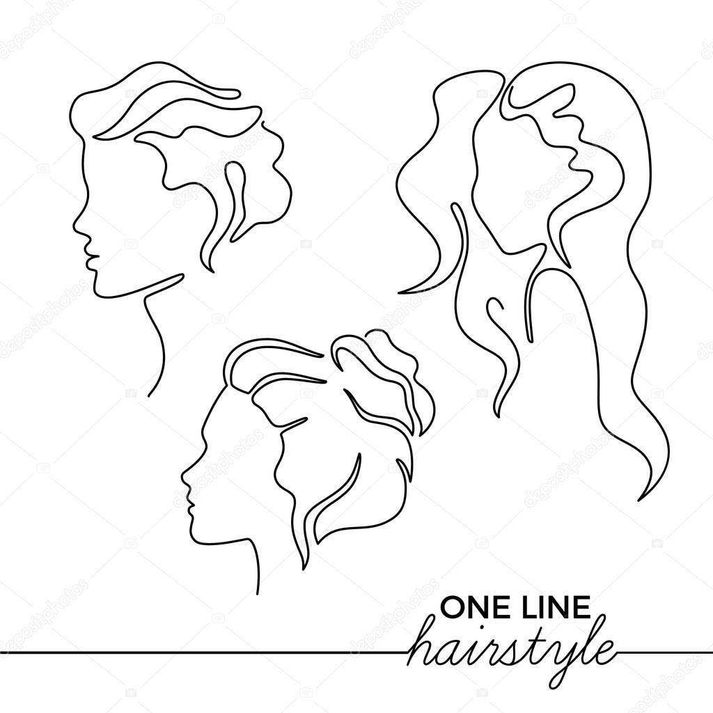 Continuous Line Illustration with Female Profiles and Hairstyles. Minimalist Art. Vector Logo Template