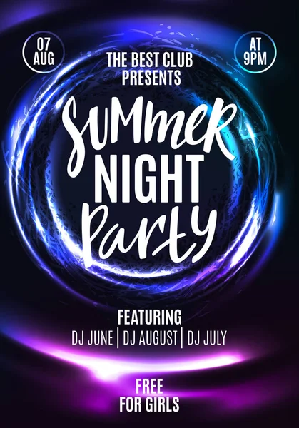 Summer Night Party Flyer. Template Poster Design in Neon Colors. Modern Shiny Background