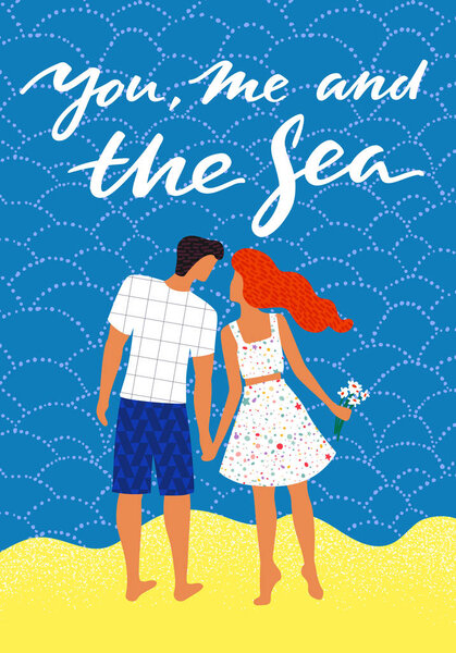 Illustration of Loving Couple on Beach. Vector People in Cartoon Style. Art for RSVP, Anniversary Greetings, Postcards