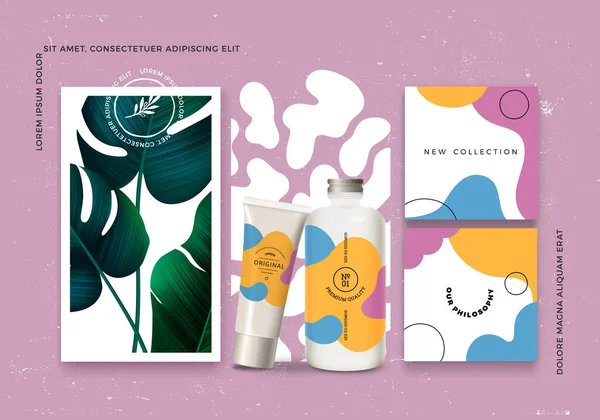 Bottiglie cosmetiche Ads with Modern Designed Flyers. Concetto di progettazione vettoriale promozionale. — Vettoriale Stock