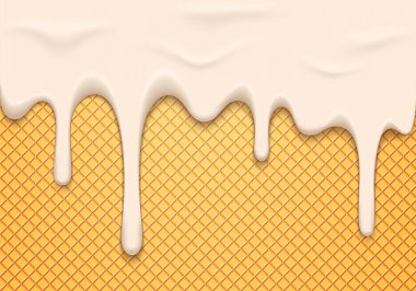Vector Illustration with Eriyen Beyaz Dondurma on Waffle. Soyut 3D Gıda Arkaplanı