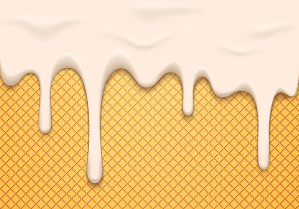 Ilustração vetorial com sorvete branco derretendo no waffle. Abstrato 3d alimentos fundo — Vetor de Stock