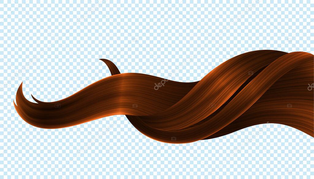 Shiny Healthy Brown Hair Lock. Bright Sparkling Curls. Vector Realistic 3d Illustration. Design Element for Hairdressers, Beauty Salons, Hair Care Cosmetics, Shampoo, Conditioner or Hair Dye Packaging